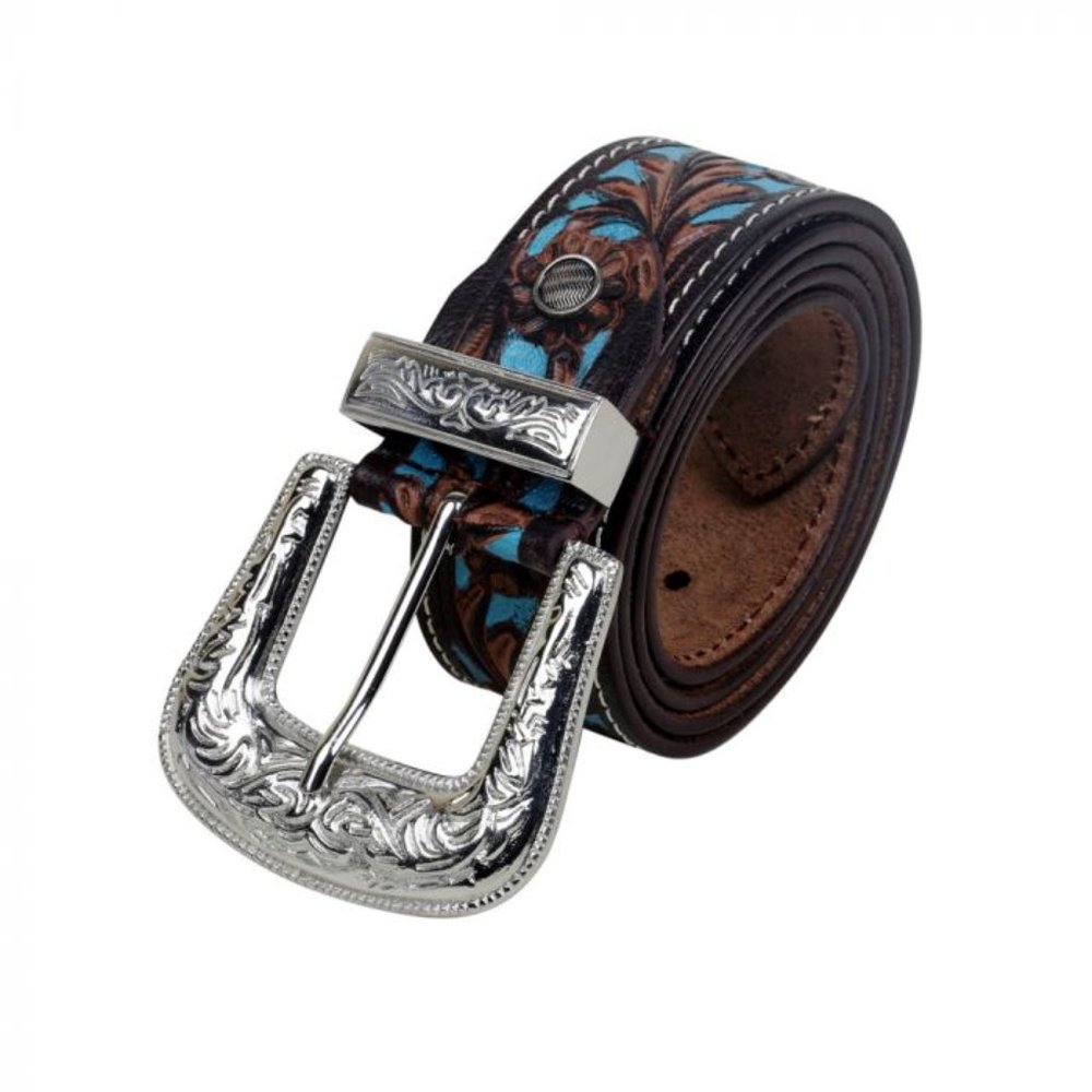 TURQUOISE HAND-TOOLED LEATHER BELT